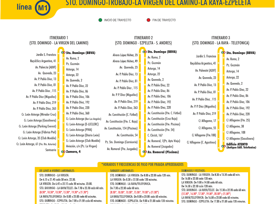 Horario de la línea 1: Santo Domingo, Trobajo, La Virgen del Camino, La Raya, Ezpeleta